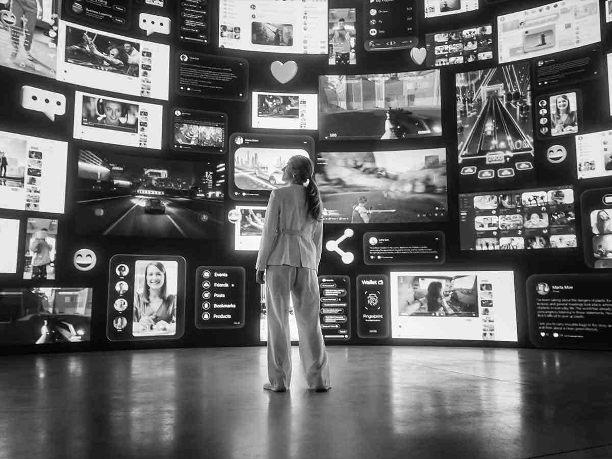Ragazza guarda una parete con varie schermate tecnologiche