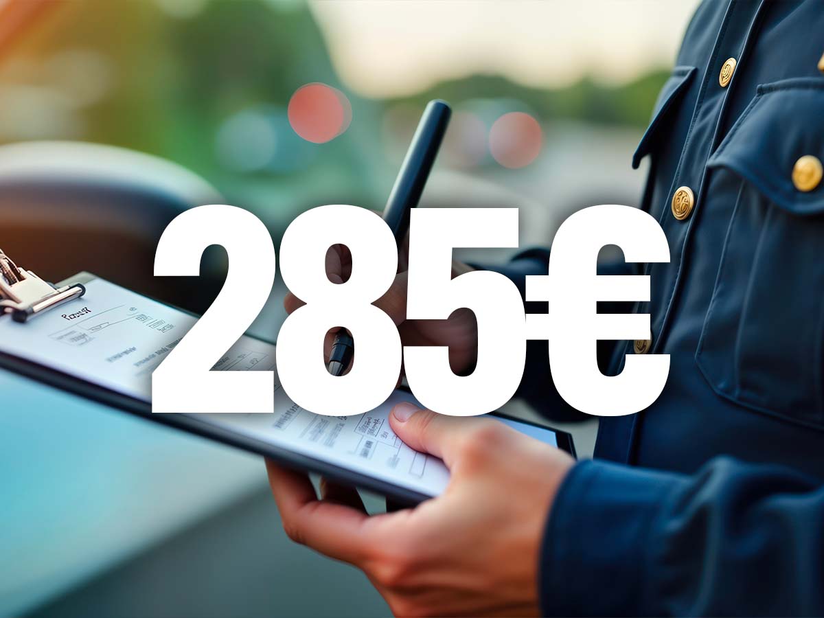 scritta 285€ con dietro un vigile che compila un verbale